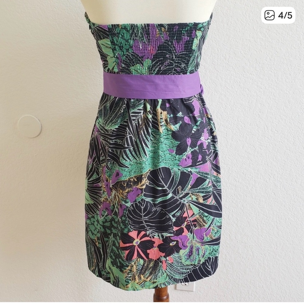 Edme & Esyltte Black Purple Leaf Strapless Dress 6 - Picture 4 of 5